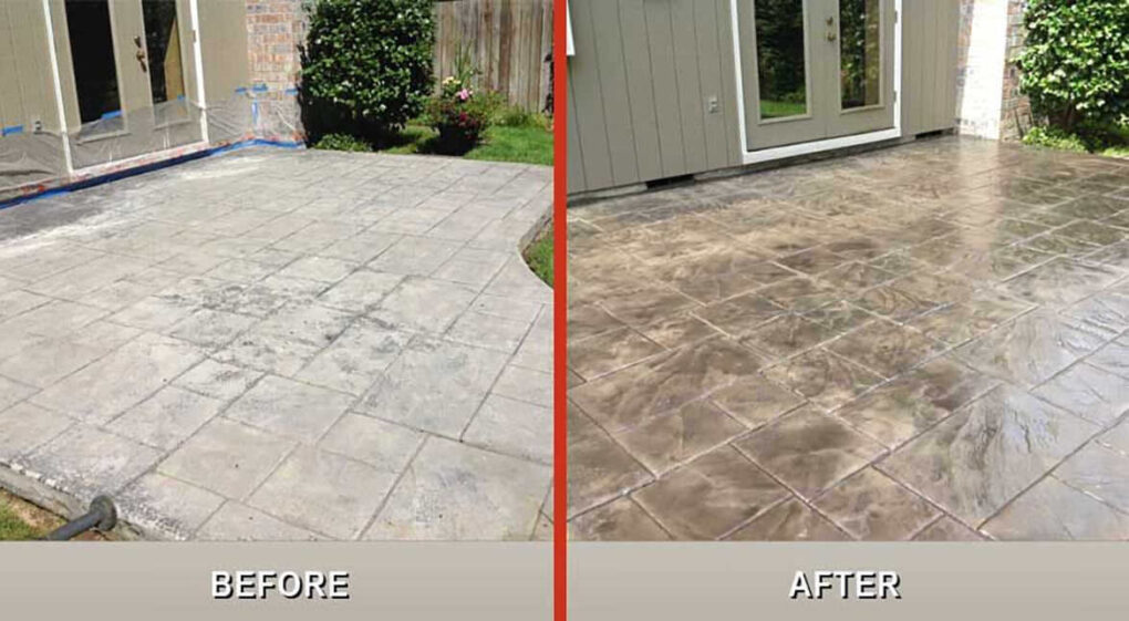 Before and after: stamped concrete patio faded and gray before sealing, rich restored color after sealing and staining